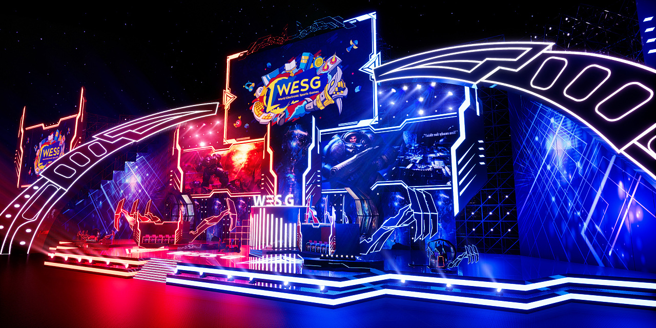 原创wesg大型电竞舞台设计,最开始的设计构思是在电竞女神的平台上有