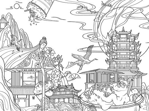 商业插画线稿 伯牙子期X融创山水拾间