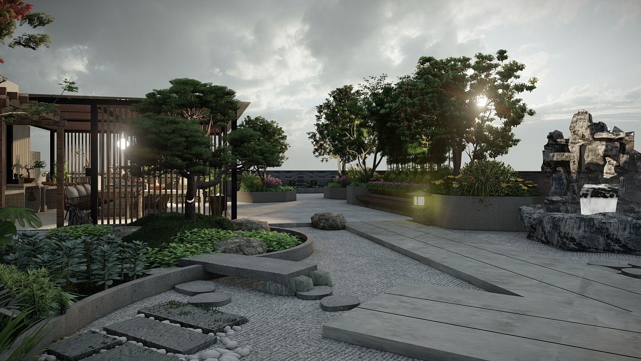 重庆长寿湖500平中式屋顶花园设计