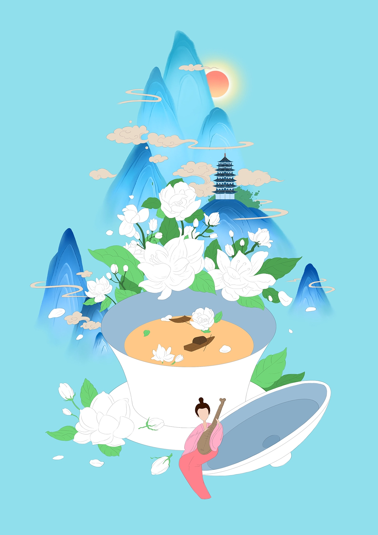 国风微观场景插画『茉莉花茶』