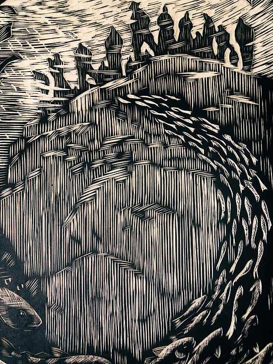 手工定制黑白木刻版画飞鱼