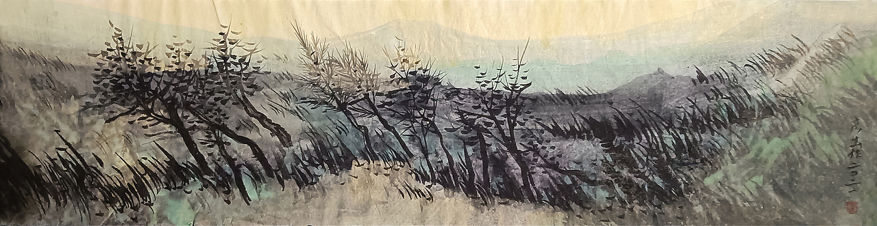 《万顷岚光里》宣纸设色,软片,135*35厘米