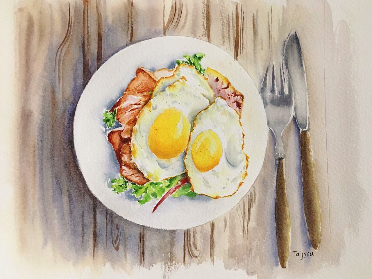 原创作品纯艺术绘画水彩煎蛋培根食物手绘taijyoutaijyouai绘画257tai