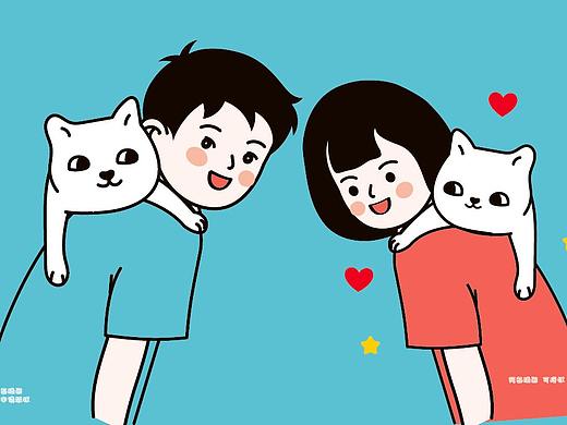 男孩女孩和猫咪插画日系卡通