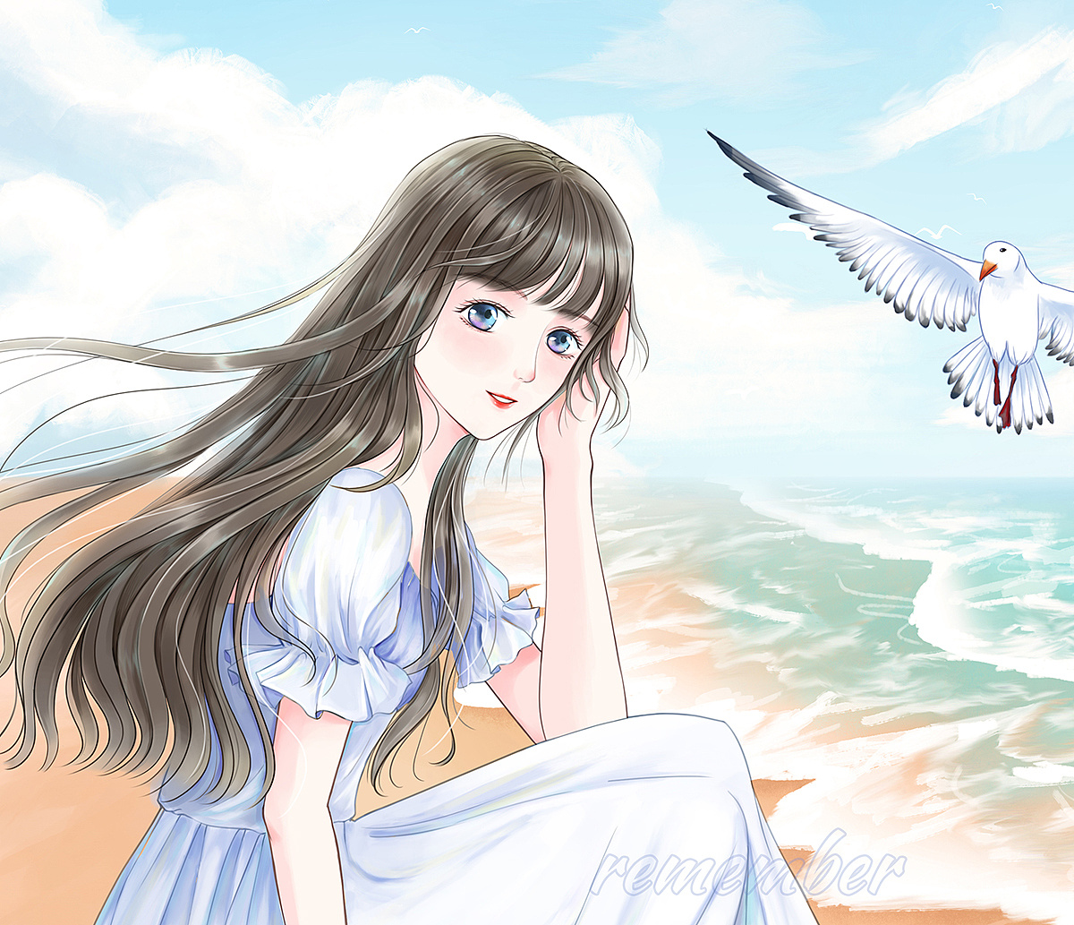 沙滩上吹风的少女|插画|商业插画|remember_rm - 原创作品 - 站酷
