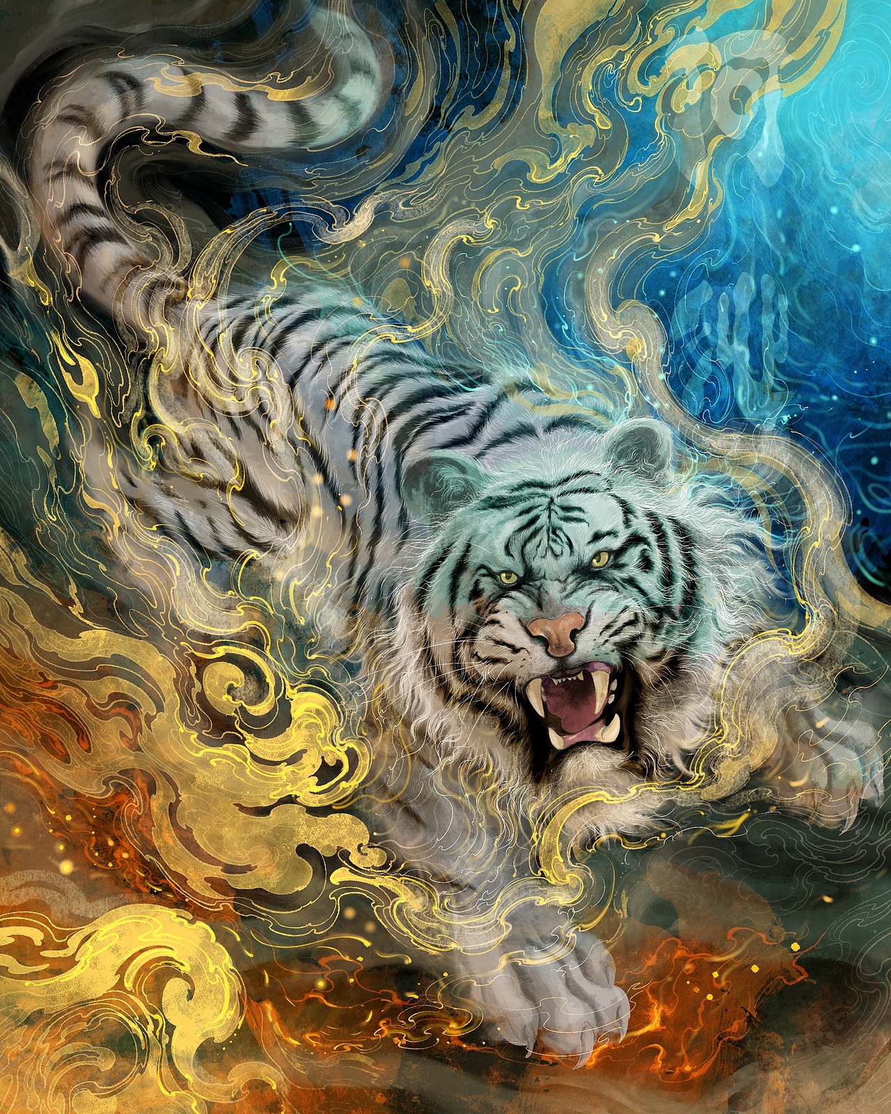 四大神兽插画:青龙,白虎,朱雀,玄武