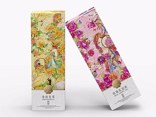 菊花玫瑰茶的包装插画设计