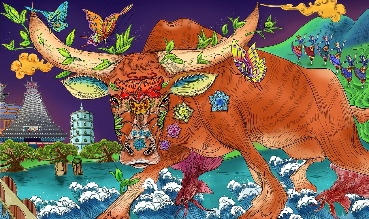 原创手绘商业插画《牛神》横幅长图 产品“绣莲外婆牛香吧 ”外包装封面（图ZNzM0NjQxNTI=） - 商业插画 - 站酷设计师陈泽旭原创素材 - 站酷ZCOOL