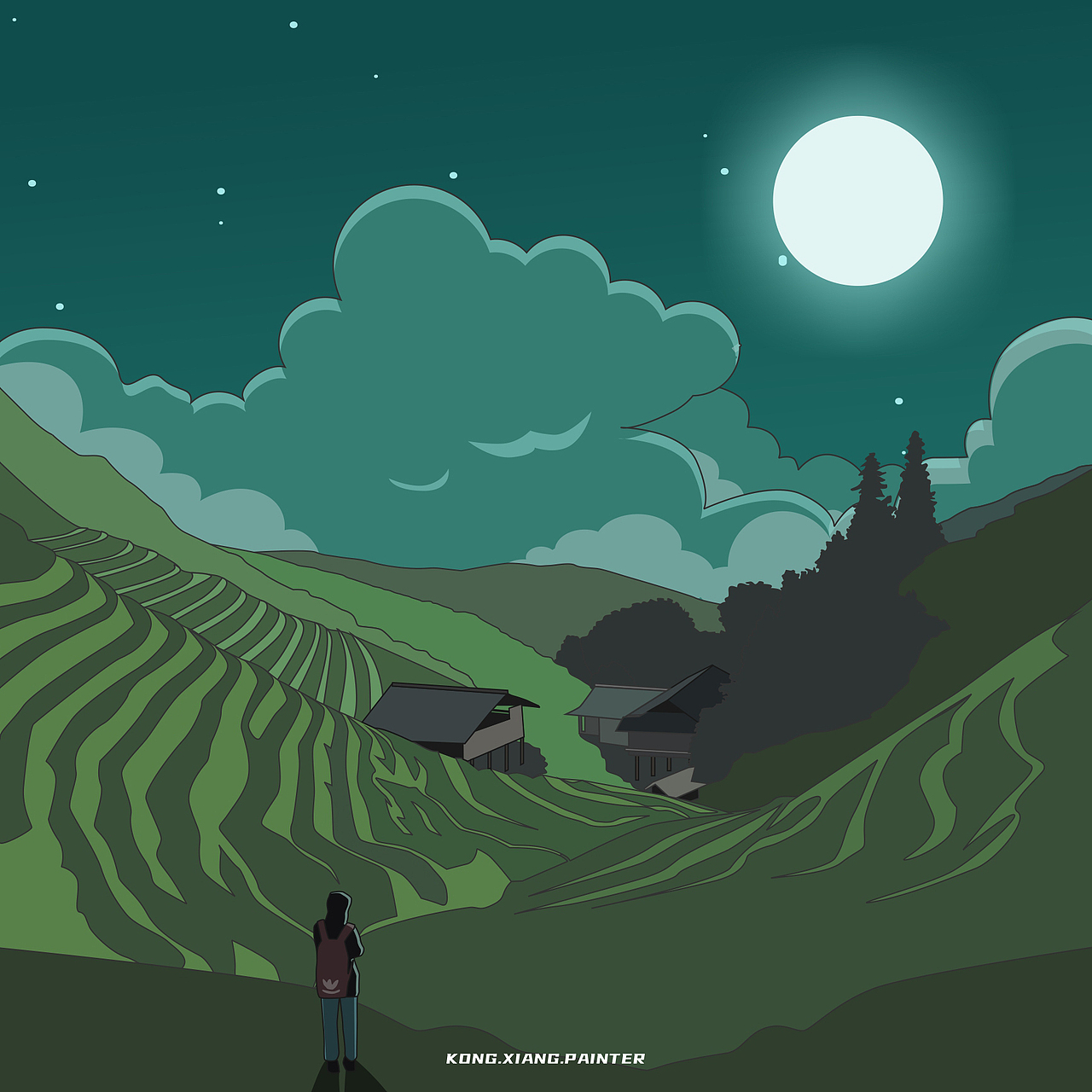 梯田的夜晚（图ZMzY3MzExMDYw） - 创作习作 - 站酷设计师空想画师原创素材 - 站酷ZCOOL