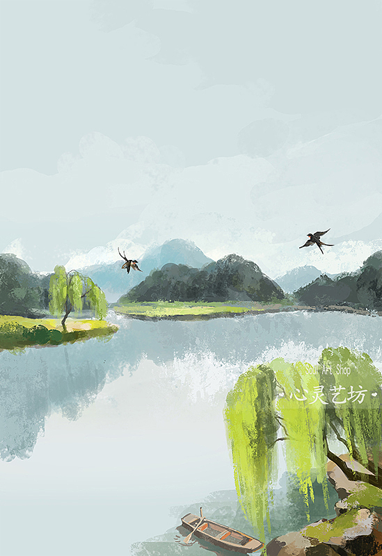 春季绿色水彩意境山水画