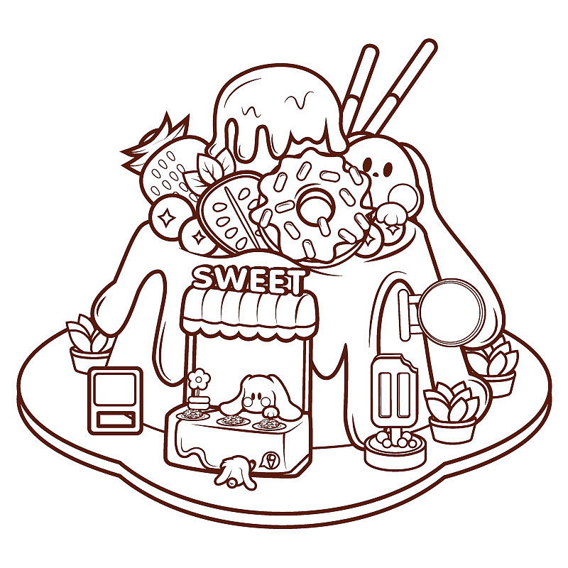 AI小场景插画练习-趴趴兔糖果屋线稿