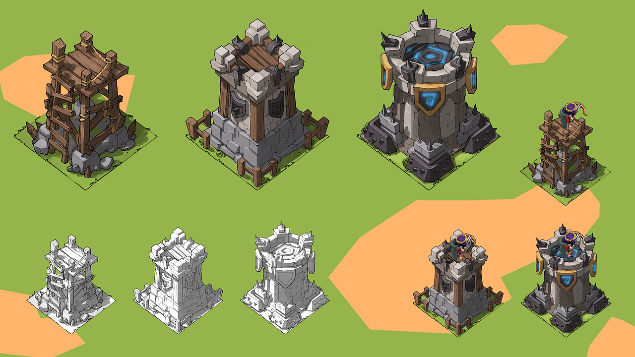 7原创作品插画游戏原画场景原画塔防coc卡通防御塔lzb博哥城内装饰