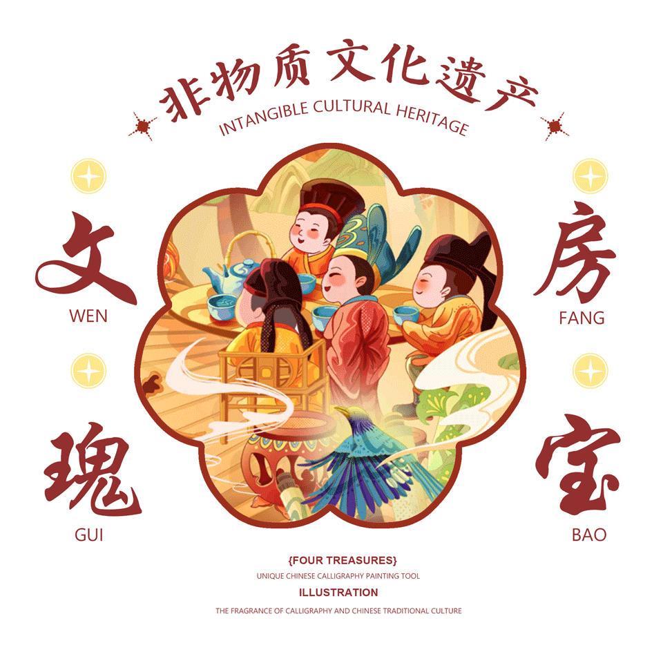 国潮插画合集— —《点翠生肖兔》+《文房瑰宝游乐图》