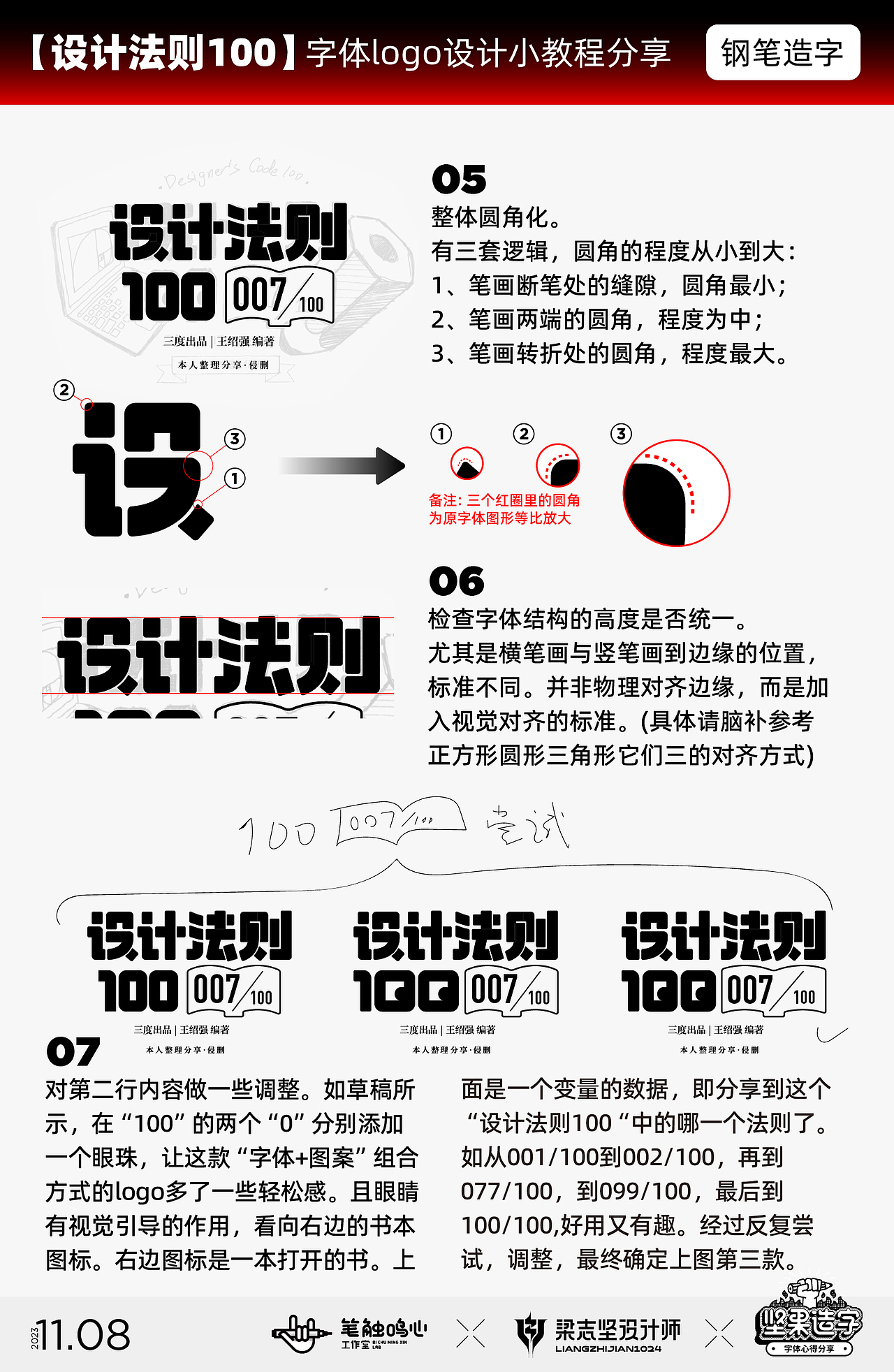 -
第五步<br>整体圆角化。<br>有三套逻辑,圆角的程度从小到大:<br>1、笔画断笔处的缝隙,圆角最小;<br>2、笔画两端的圆角,程度为中;<br>3、笔画转折处的圆角,程度最大。<br><br>-<br>第六步<br>检查字体结构的高度是否统一。<br>尤其是横笔画与竖笔画到边缘的位置,标准不同。并非物理对齐边缘,而是加入视觉对齐的标准。(具体请脑补参考正方形圆形三角形它们三的对齐方式)<br><br>-<br>第七步<br>对第二行内容做一些调整。如草稿所示,在“100”的两个“0”分别添加一个眼珠,让这款“字体+图案”组合方式的logo多了一些轻松感。且眼睛有视觉引导的作用,看向右边的书本图标。右边图标是一本打开的书。上面是一个变量的数据,即分享到这个“设计法则100“中的哪一个法则了。如从001/100到002/100,再到077/100,到099/100,最后到100/100,好用又有趣。经过反复尝试,调整,最终确定上图第三款。<br>