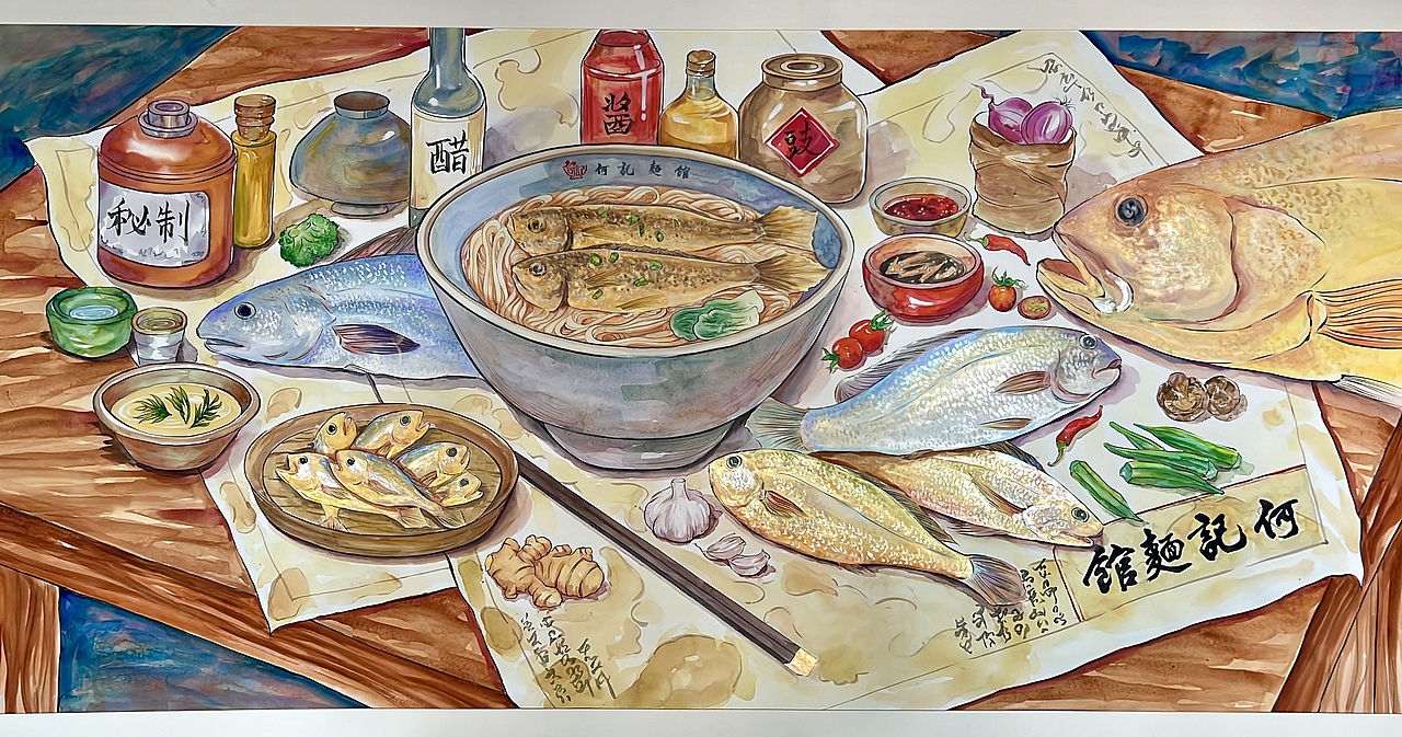 何记面馆非遗传承黄鱼面水彩纯手绘《黄鱼七兄弟》（图ZMzU1NjI5MzI0） - 商业插画 - 站酷设计师噜猫小画家原创素材 - 站酷ZCOOL