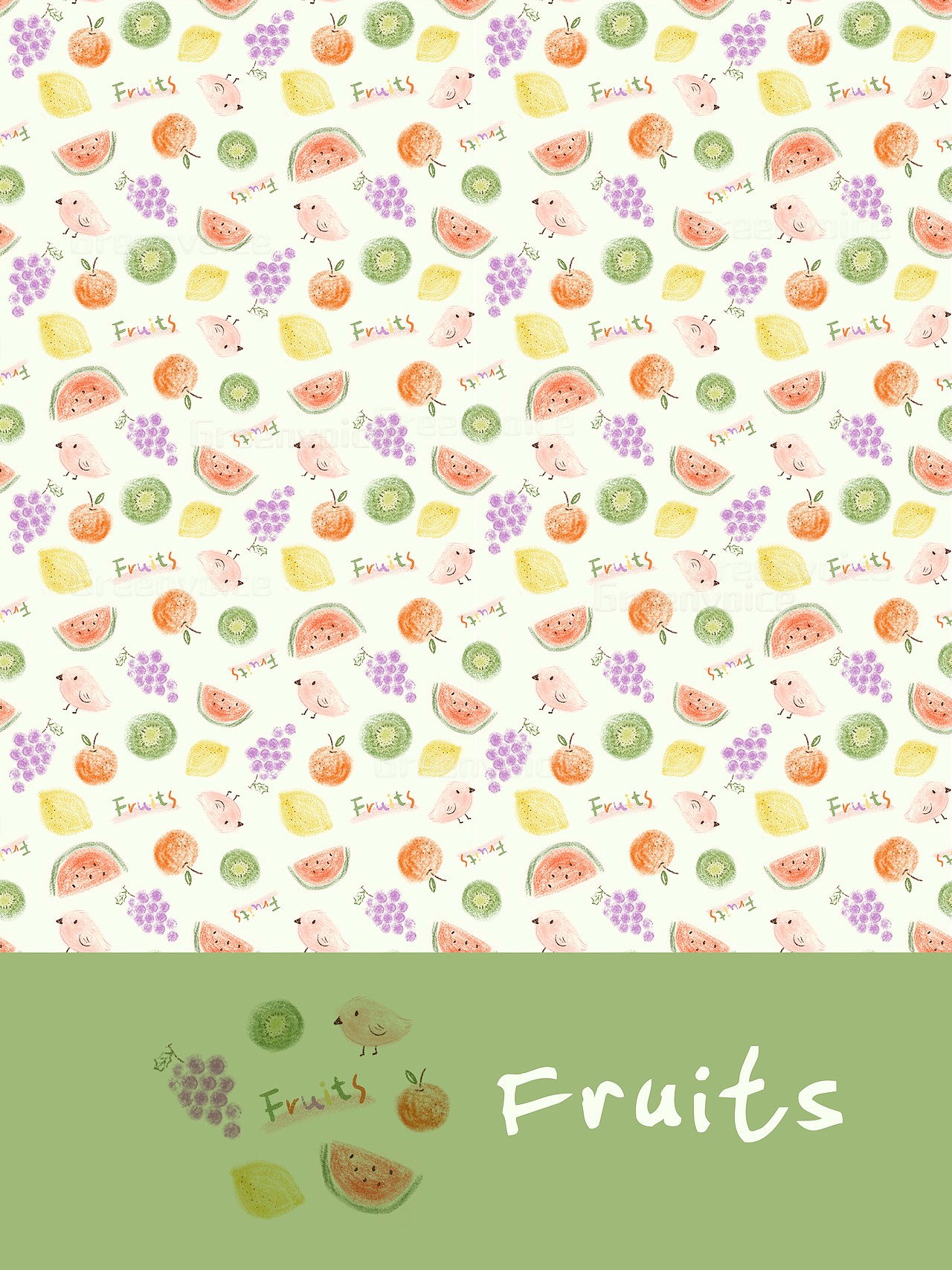 可爱图案设计-鸟语果香-水果印花