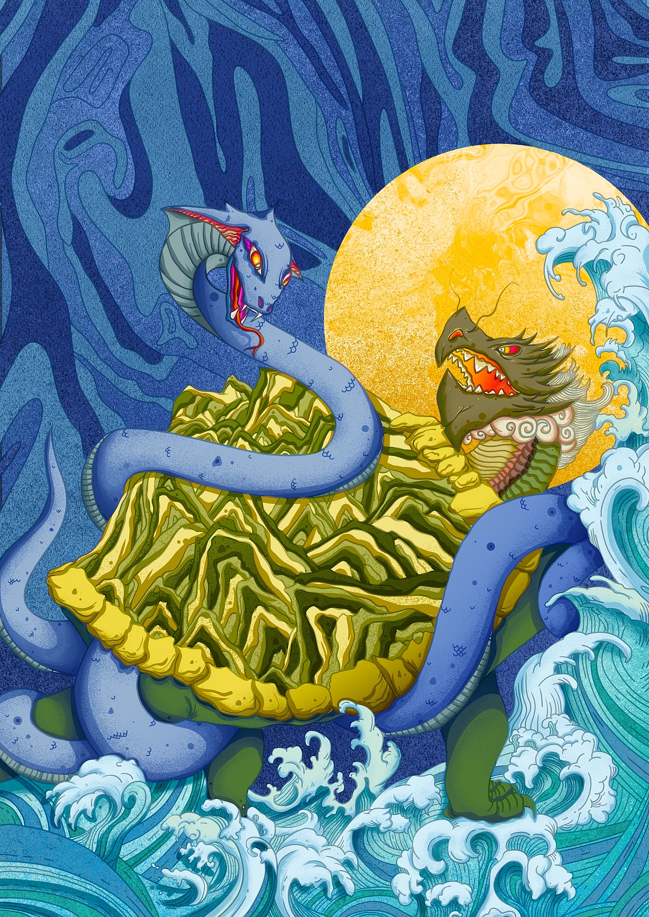 玄武，中国古代神话中的天之四灵之一，又名龟蛇 ，北方玄武于八卦为坎，于五行主水，象征四季中的冬季，同时也是天之北陆。玄武是一种由龟和蛇组合成的一种灵物。玄武的本意就是玄冥，武、冥古音是相通的。玄，是黑的意思；冥，就是阴的意思。本案设计为玄武出水的形象，脚踏潮水，巨浪滔天，龟与蛇向互对望。
