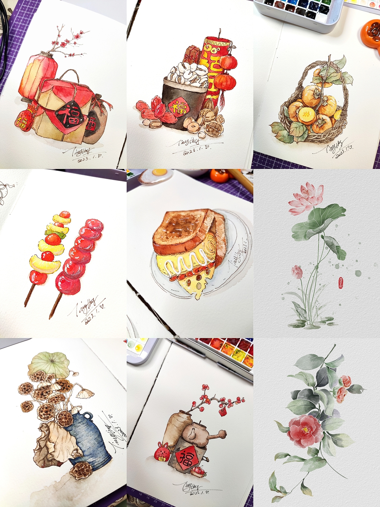 2023年1月份手绘水彩画总结30张