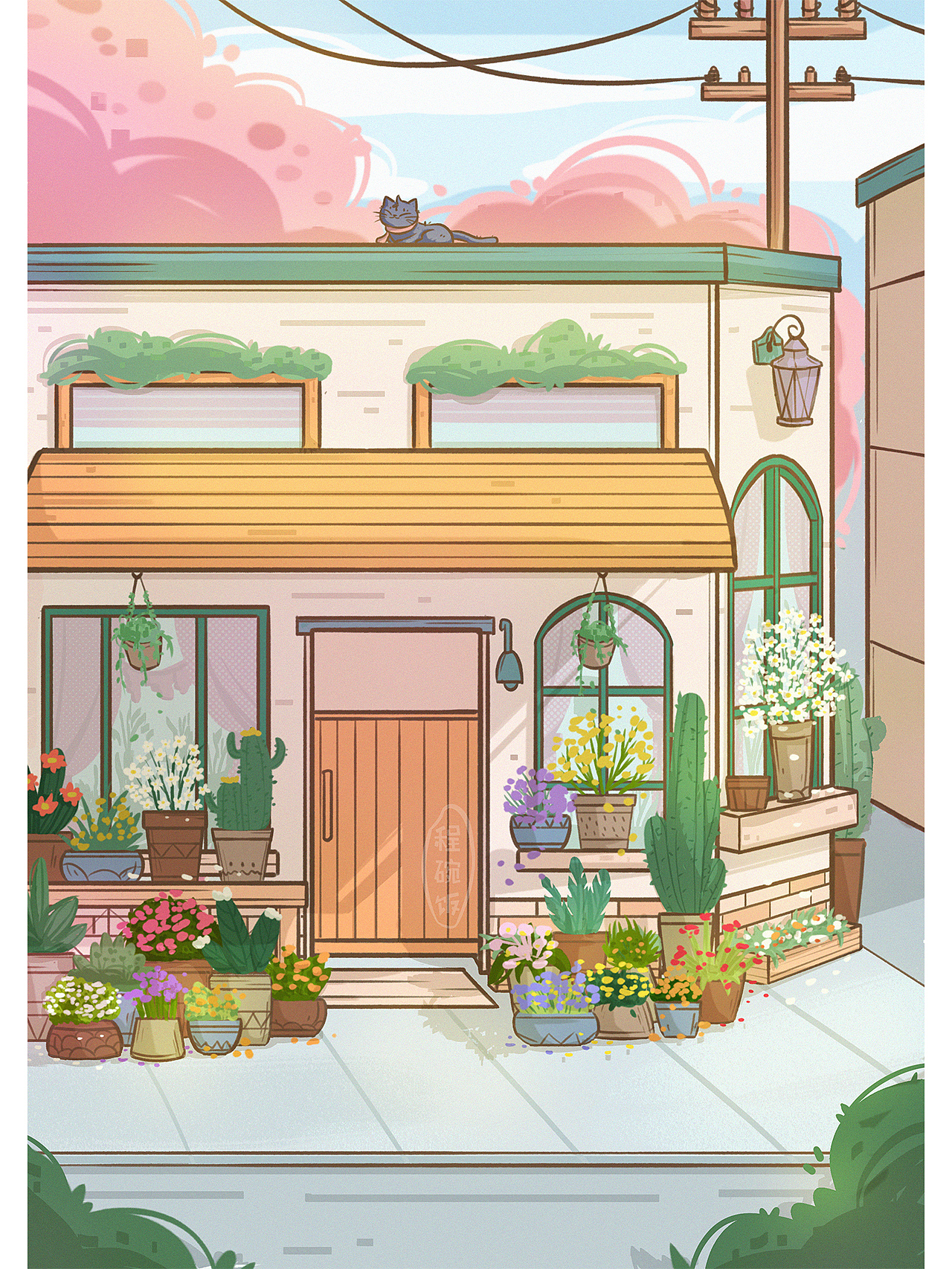扁平风治愈系建筑场景插画-街边花店