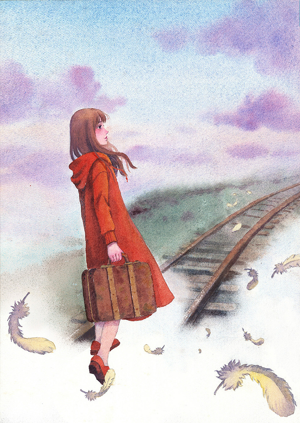 水彩手绘少女和远方 视频晕染过程