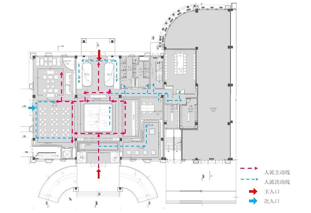 动线分析: br>平面布局强调空间中轴线关系,形成层层递进的空间序列与