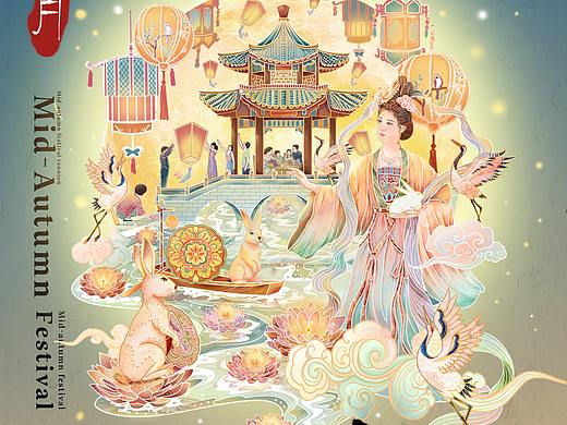 中秋节插画  月饼包装插画