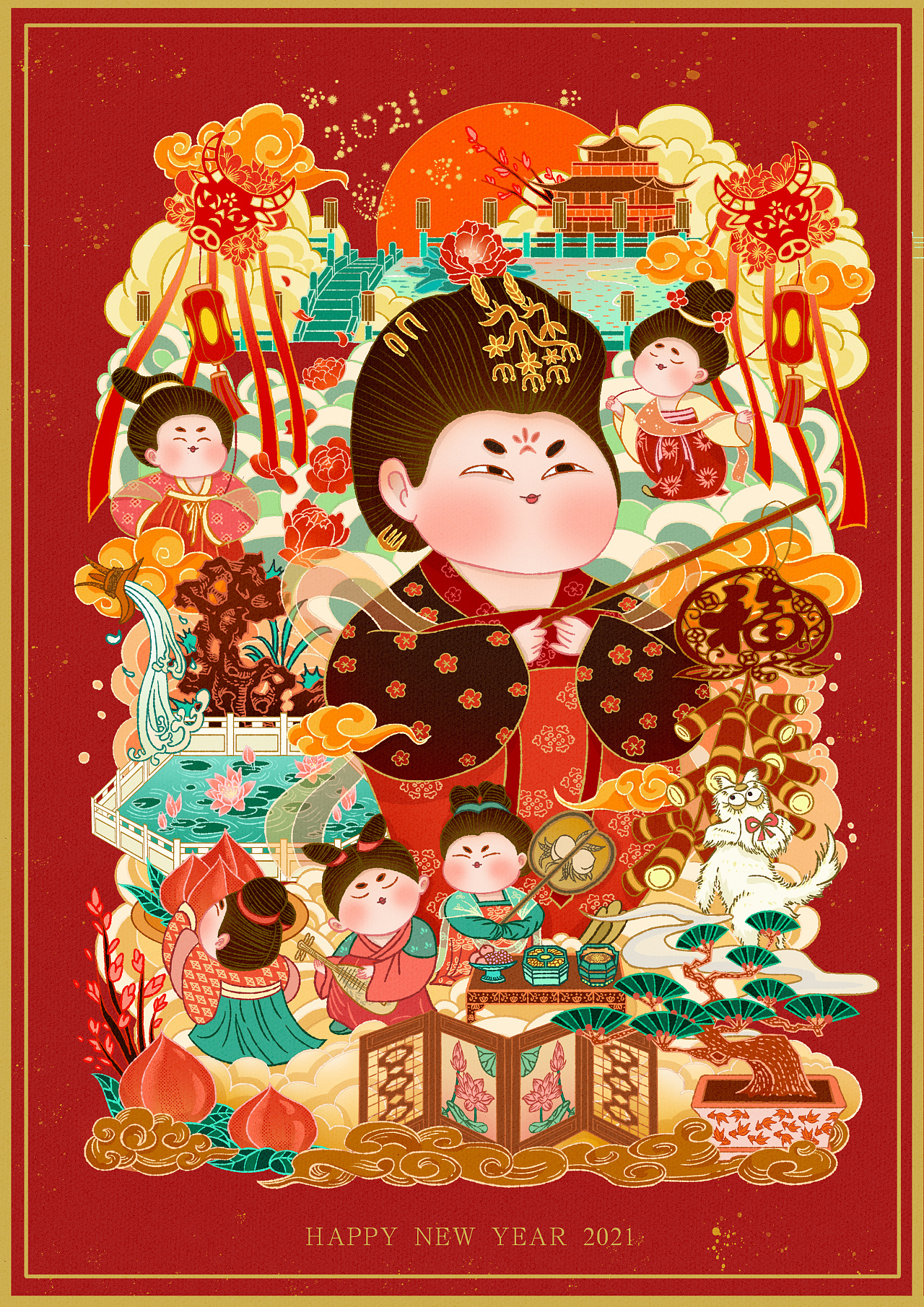 唐朝仕女送牛年祝福