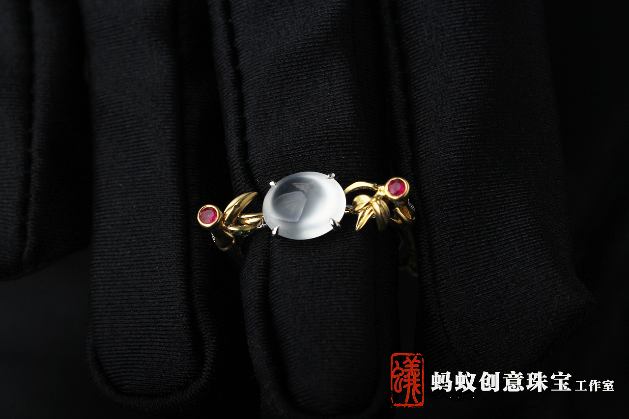 【蚂蚁创意珠宝工作室】竹子翡翠蛋面戒指