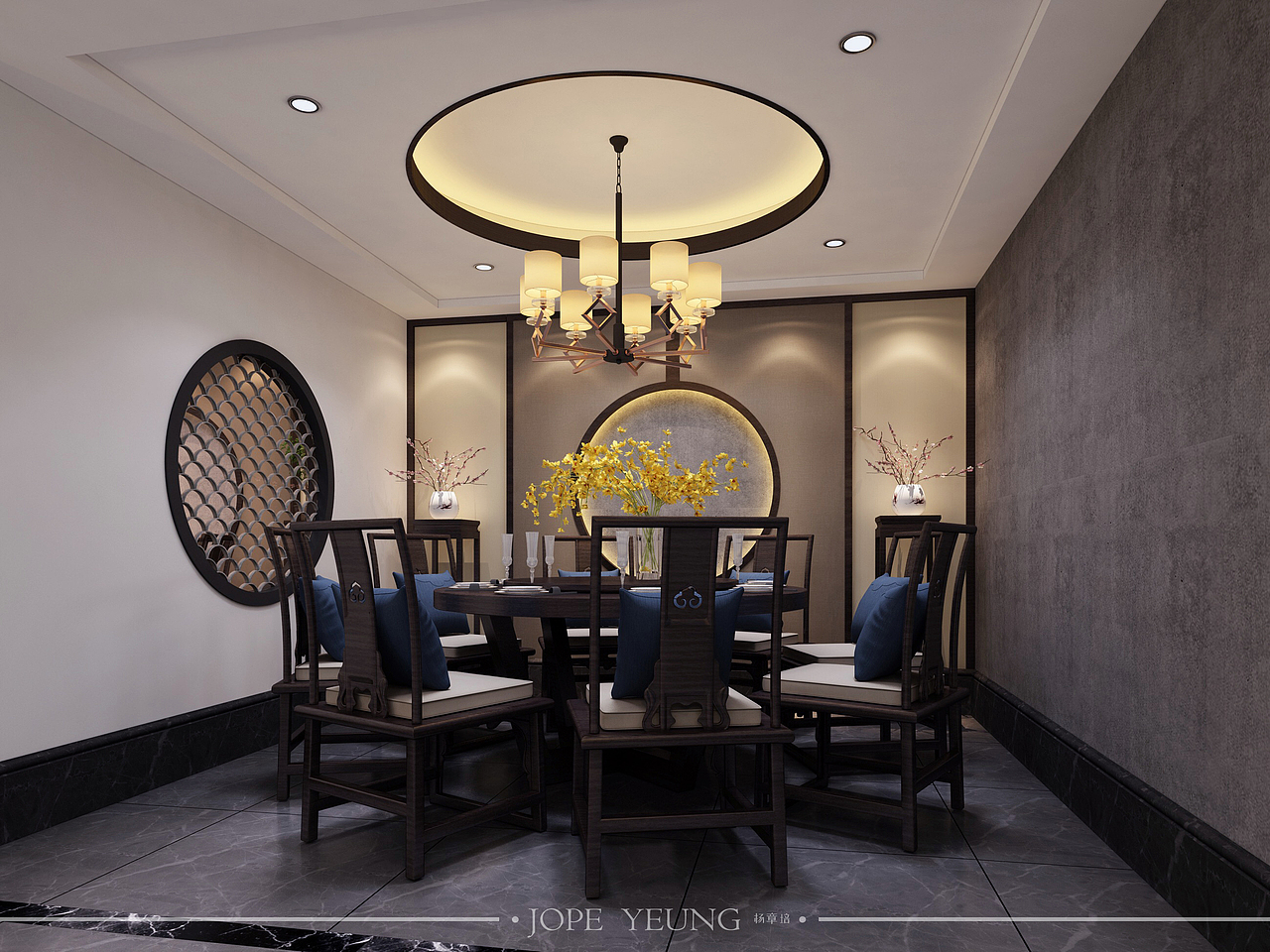 室内运用手法如屏风、折牆、格栅与地坪转换,营造空间层次。