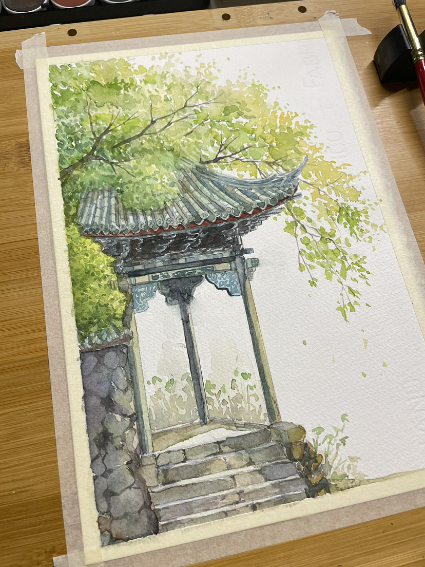 水彩手绘古建筑凉亭