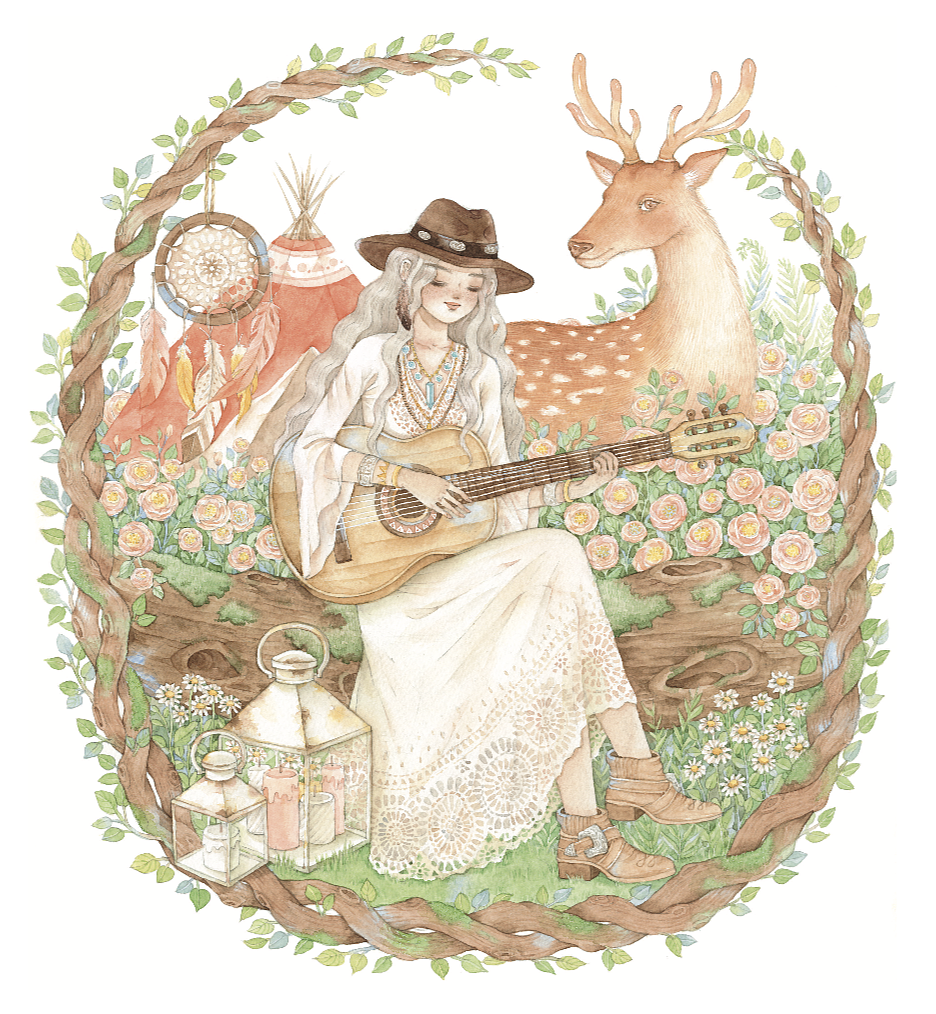 复古系少女水彩作品《双子少女馆》