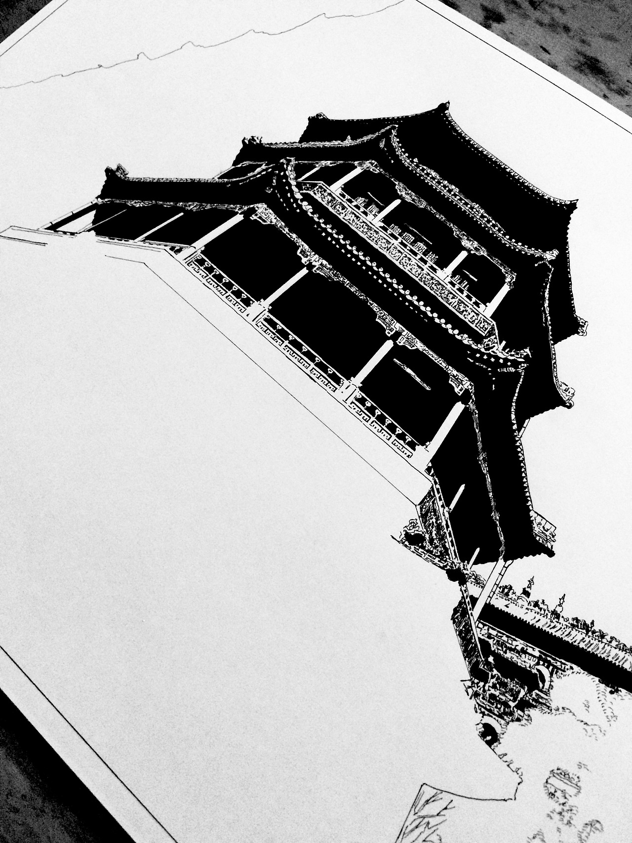 古建筑黑白涂鸦