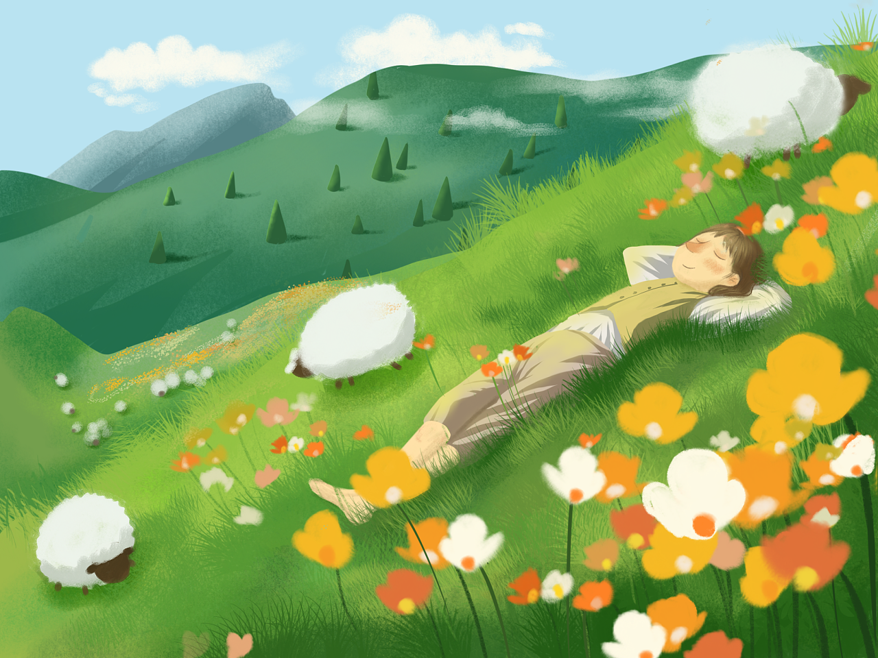 梦想就是,有一天不用工作,躺在草地,放