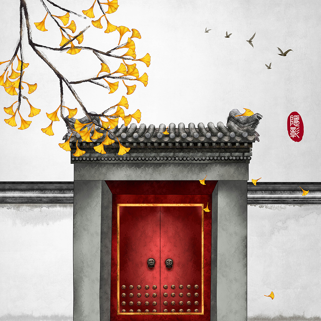 柿子树中式门古建筑古门飞鸟古风水墨画古风插画