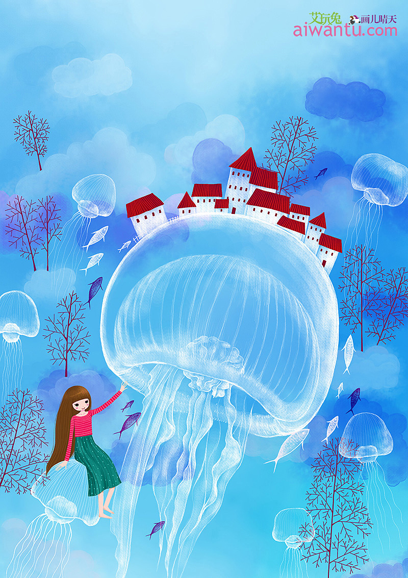 画儿晴天唯美插画-海洋系列封面插画三（图ZMzUyODQyNjQ=） - 商业插画 - 站酷设计师画儿晴天原创素材 - 站酷ZCOOL