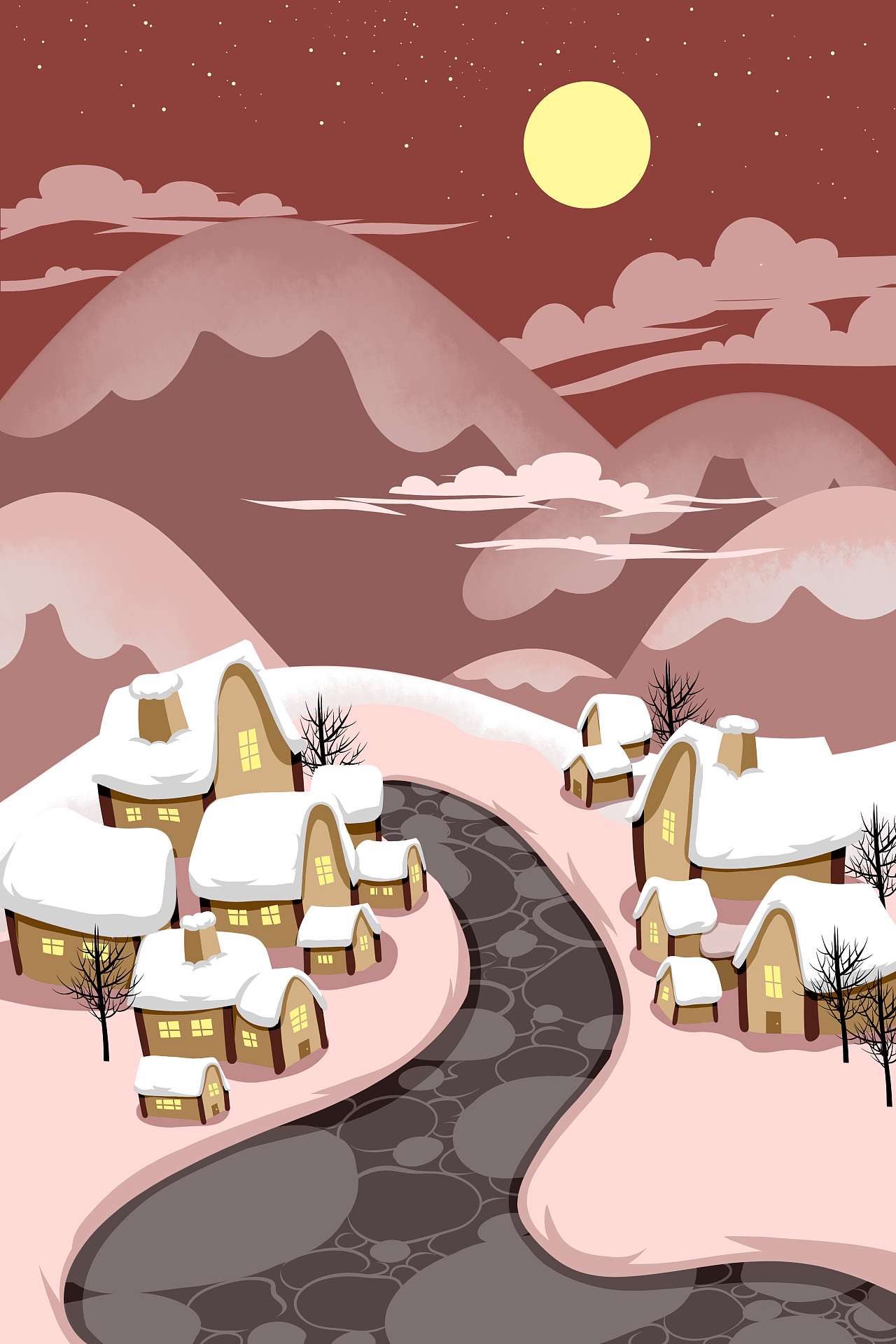 冬天下雪唯美手绘插画