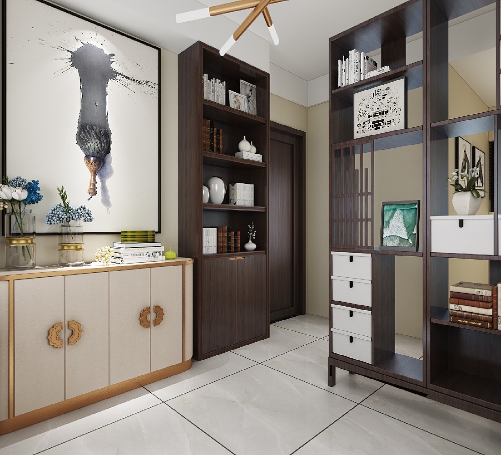 斗柜上的画显得很禅意,整个书香气息很浓