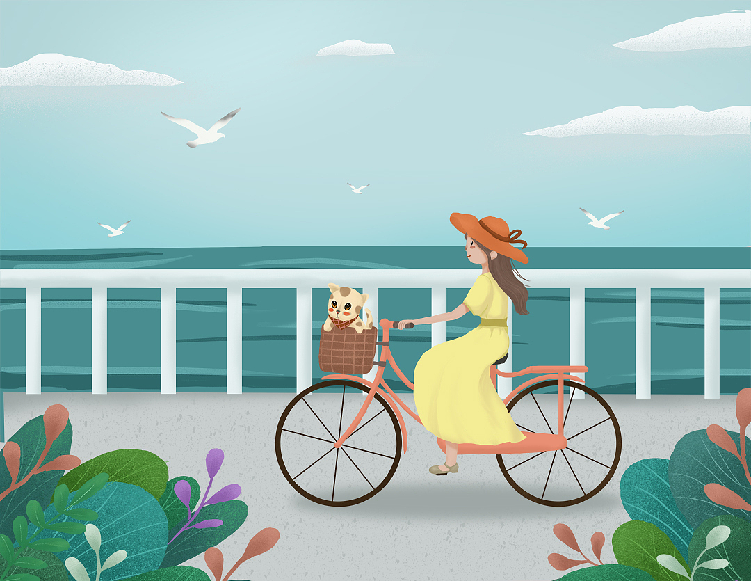 风和日丽的假日,带上心爱的小猫咪,骑上自行车去海边吹吹风~~ br>