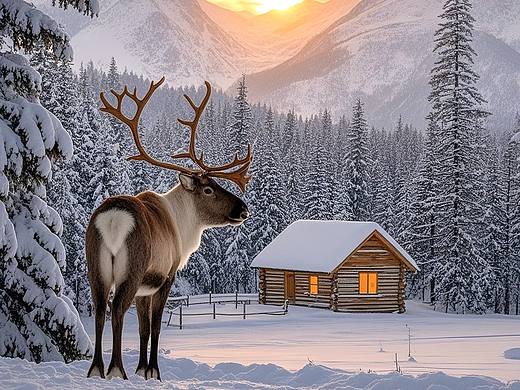 大雪木屋前的奇妙邂逅 | 麋鹿与傻狍子