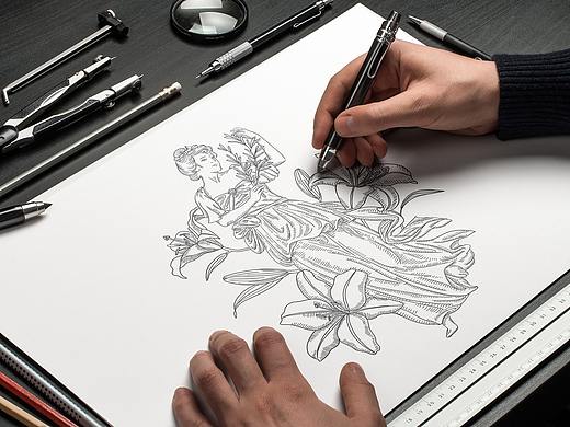 中世纪版画风商业插画 包装插画 护肤品/茶