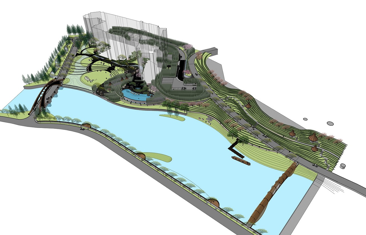 希尔顿花园酒店滨水景观su模型下载
