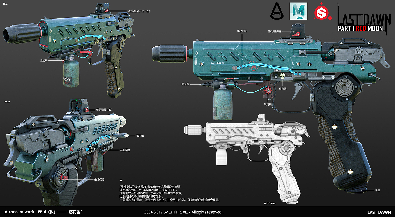 还是建立在原来的世界观框架上做的武器,在未来科幻的主外观上融合了废土风格的设计特点。
世界观“Last  Dawn”后续还会继续完善……