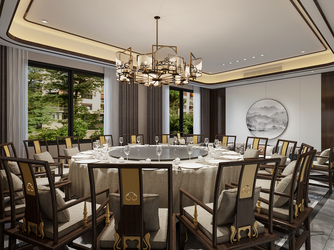 新中式酒店餐厅包间模型效果图设计图__室内模型_3D设计_设计图库_昵图网nipic.com