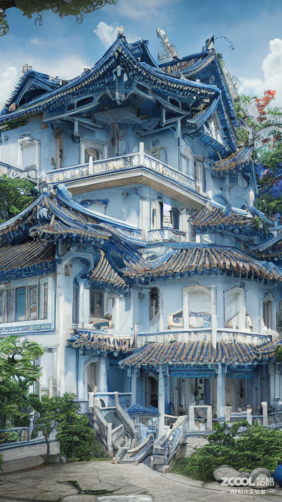 #AI创作实验室#【现代青花瓷的科技别墅】（图ZMzE5MDQ0MTA4） - AI作品 - 站酷设计师xingceng2号原创素材 - 站酷ZCOOL