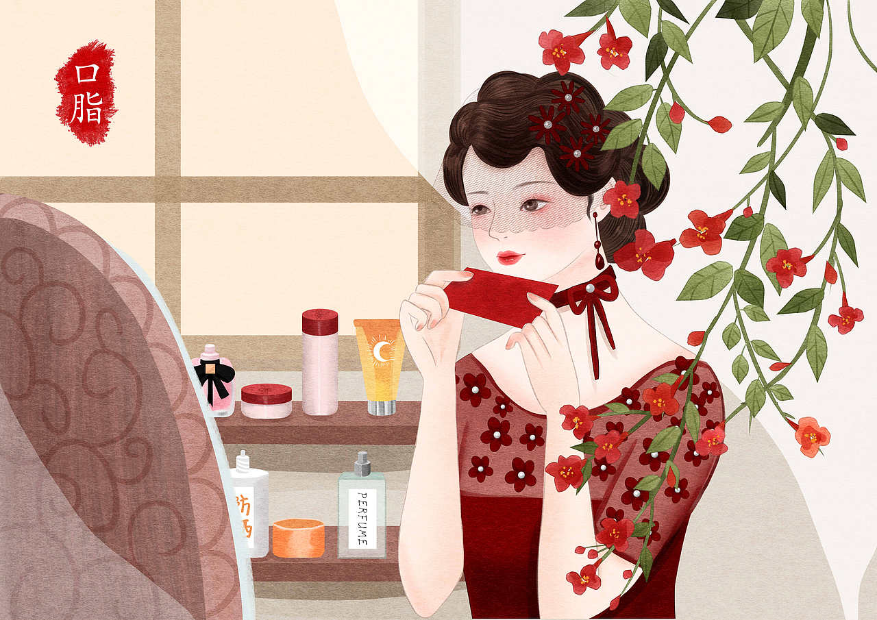 民国风女子化妆系列插画