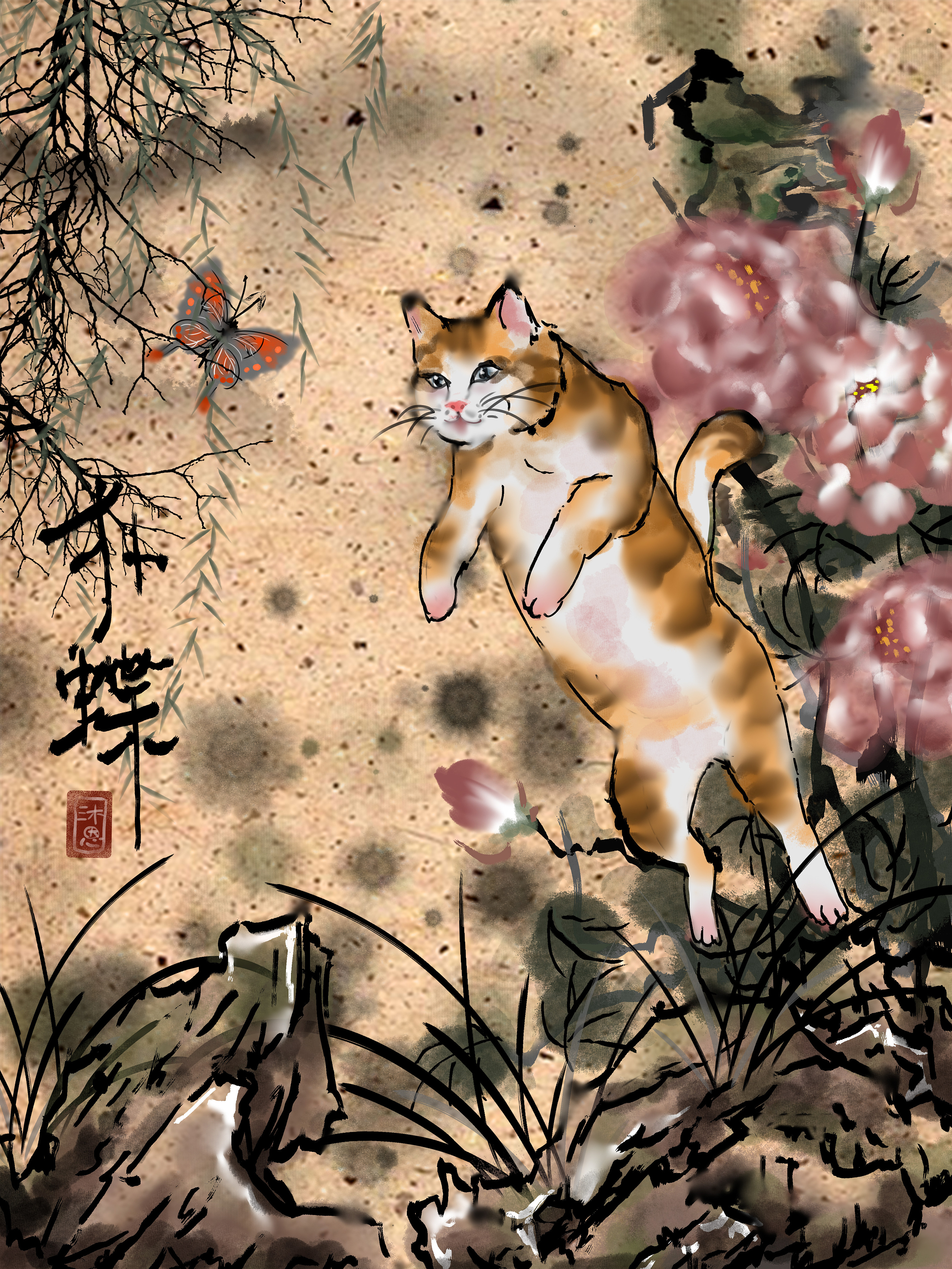 仿国画中国风写意猫咪