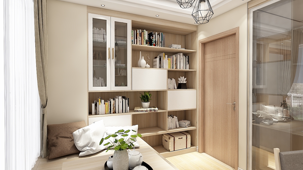 现代原木清新客厅隔断+榻榻米书柜