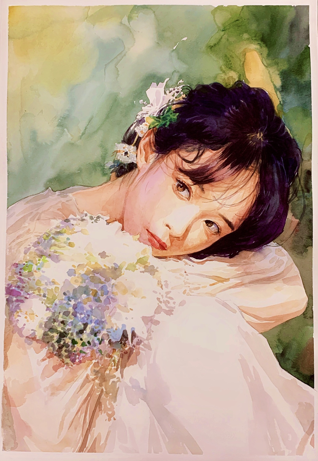 花与少女水彩画