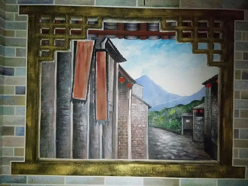 新视角螺蛳粉店3D墙绘 柳州老街手绘壁画