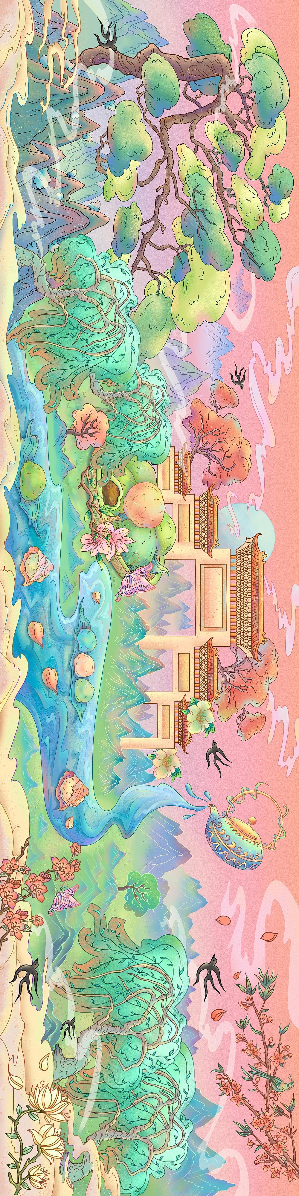 原创国潮风春季踏春插画长卷